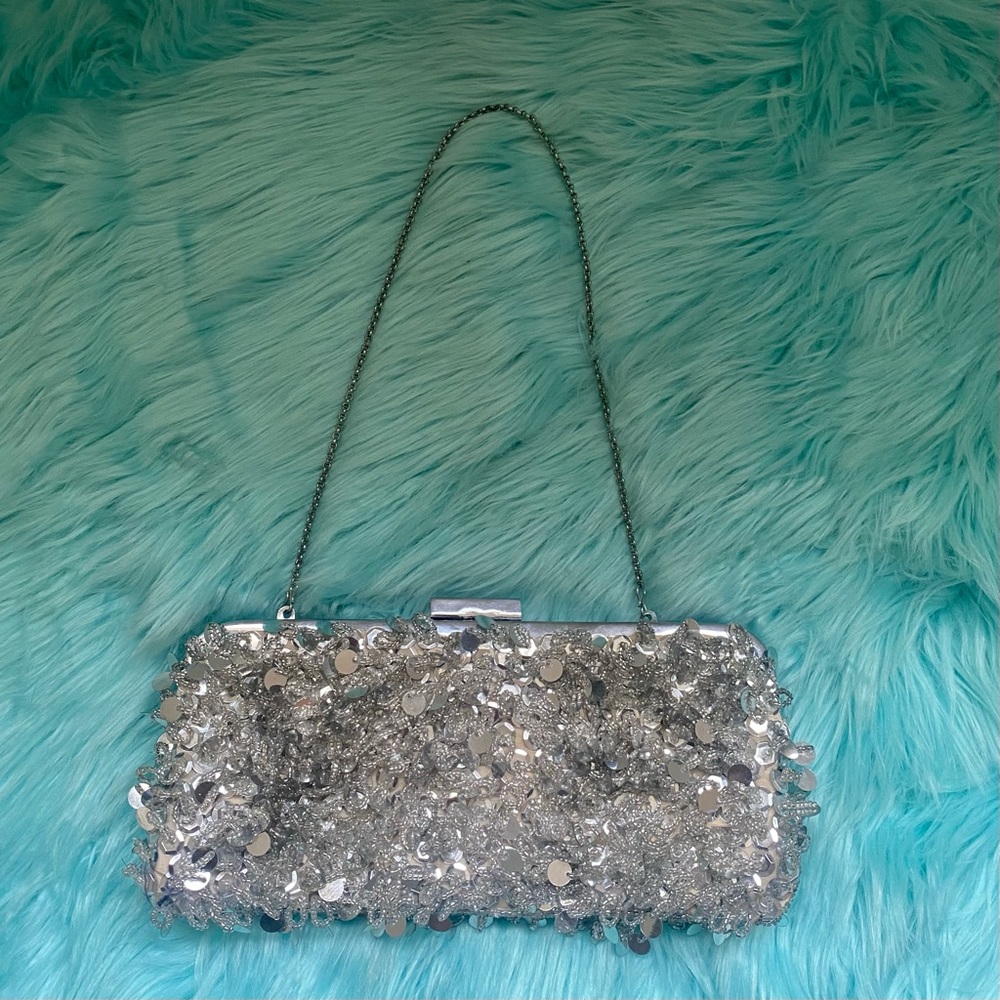 BCBGMaxAzria Vintage Silver Sequin Clutch Purse